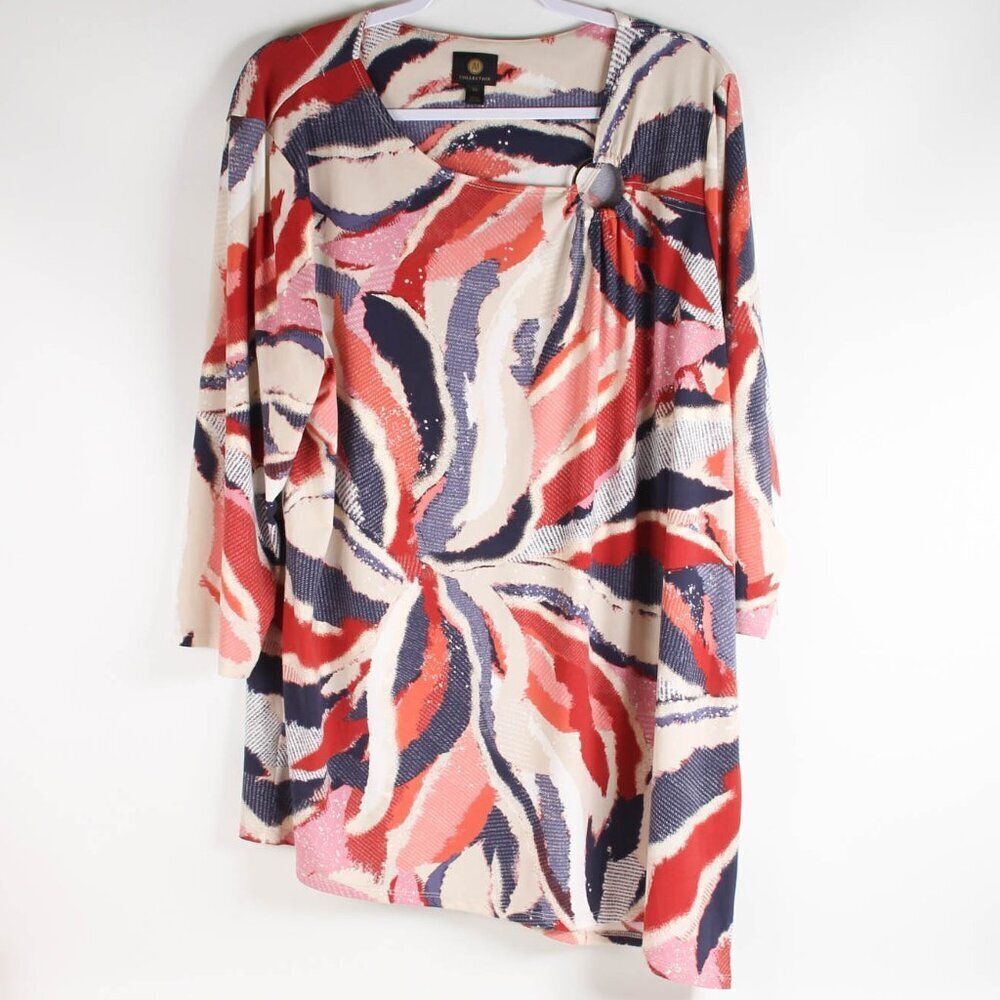 JM Collection XXL Abstract Floral Ring-Neck Tunic Top - Pink Red Navy Gold